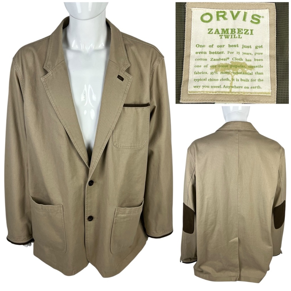 Orvis Jacket Mens 52 L Beige Utility Coat Elbow Patch Zambezi Twill Safari Hunt